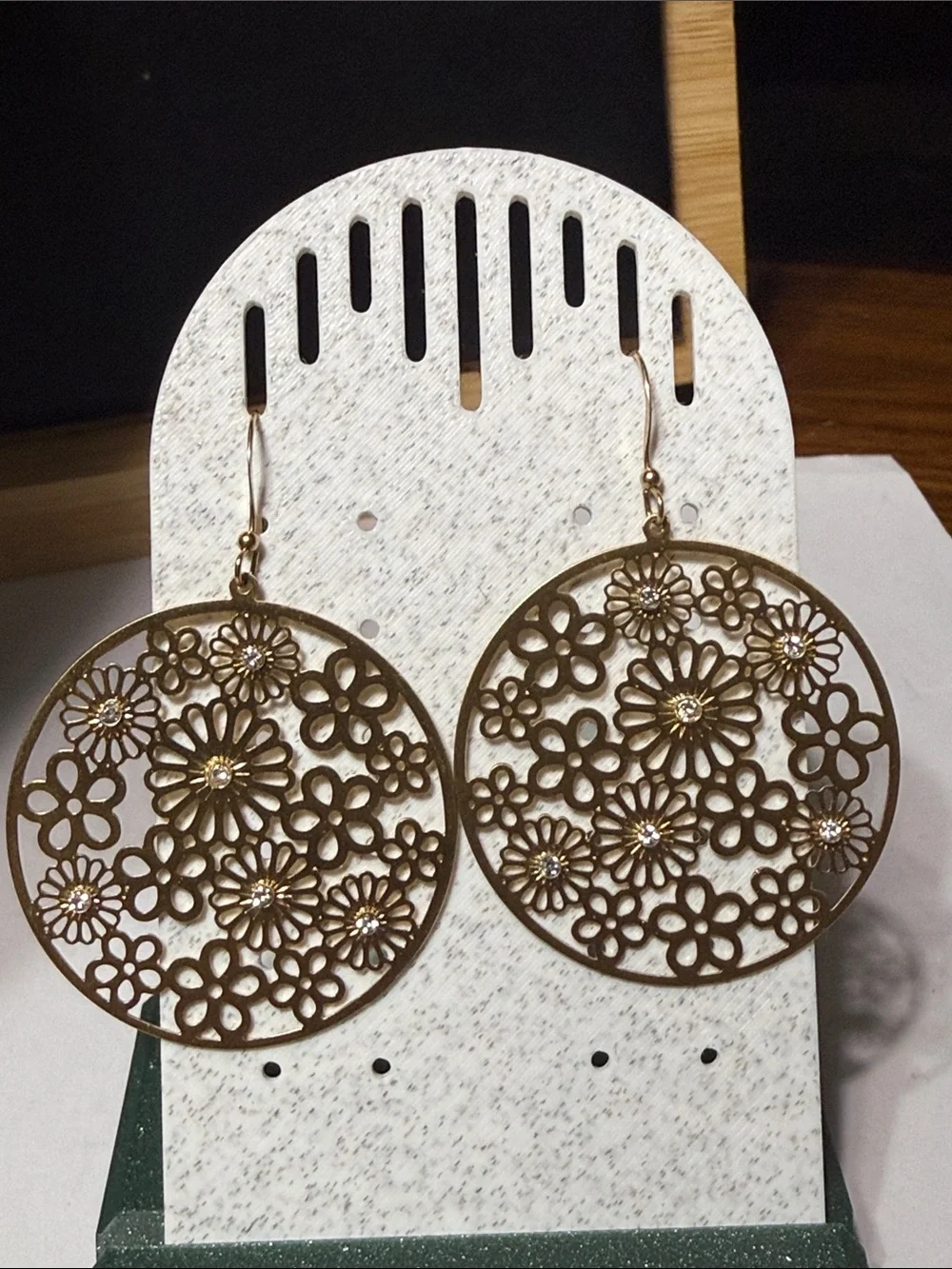 Gold tone dangle floral & rhinestone cut out pierced earrings